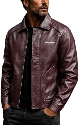 Men's Pointed-Collar Slim Jacket in a Smooth Leather-Look Finish - Wine Red