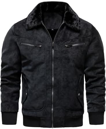Men's Aged Faux Leather Fleece-Lined Bomber with Faux Fur Collar - Black