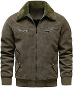 Men's Aged Faux Leather Fleece-Lined Bomber with Faux Fur Collar - Olive Green