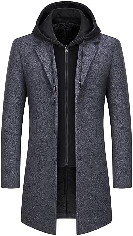 Men's Layered-Look Wool-Blend Long Coat with Built-In Hood - Grey