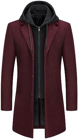 Men's Layered-Look Wool-Blend Long Coat with Built-In Hood - Wine Red