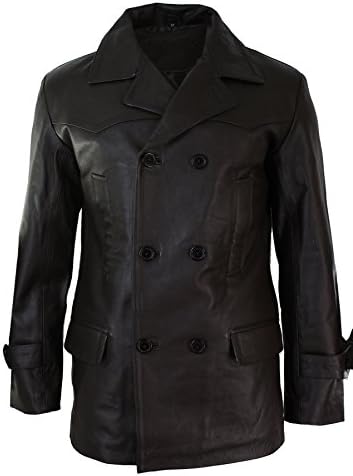 Men's Three-Quarter Real Leather Peacoat with Broad Notched Lapels - Dark Brown
