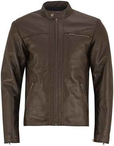 Men's Waist-Length Soft Lambskin Racer Jacket with Zipped Pockets - Brown