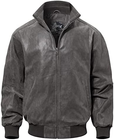 Men's Relaxed-Fit Real Leather Bomber with Raised Collar - Grey