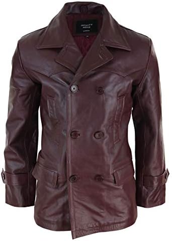 Men's Three-Quarter Real Leather Peacoat with Broad Notched Lapels - Wine Red