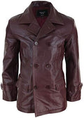 Men's Three-Quarter Real Leather Peacoat with Broad Notched Lapels - Wine Red