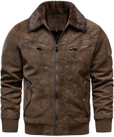 Men's Aged Faux Leather Fleece-Lined Bomber with Faux Fur Collar - Brown