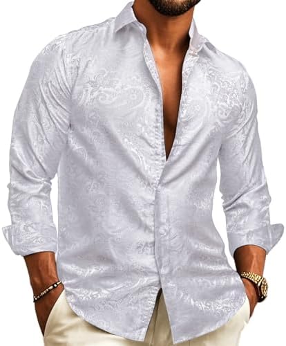 Men's Paisley Jacquard Party Shirt with Silk-Style Finish - White