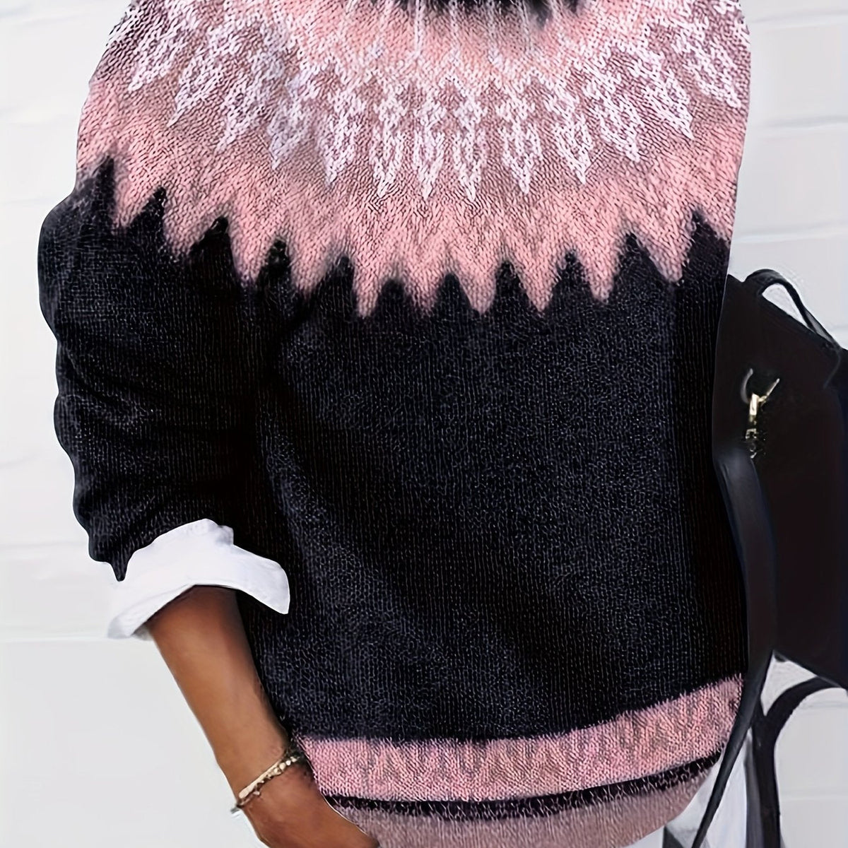 Women's Warm Jacquard Chunky Knit Jumper with Crew Neck - Pink