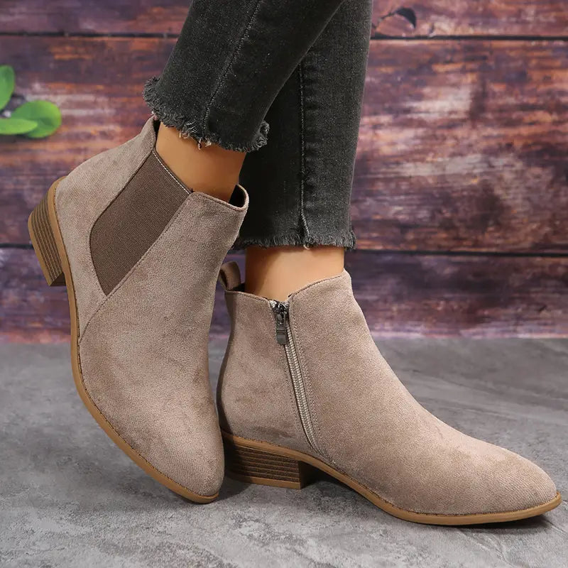 Women's Minimal Suede-Look Ankle Boots on a Low Block Heel - Taupe