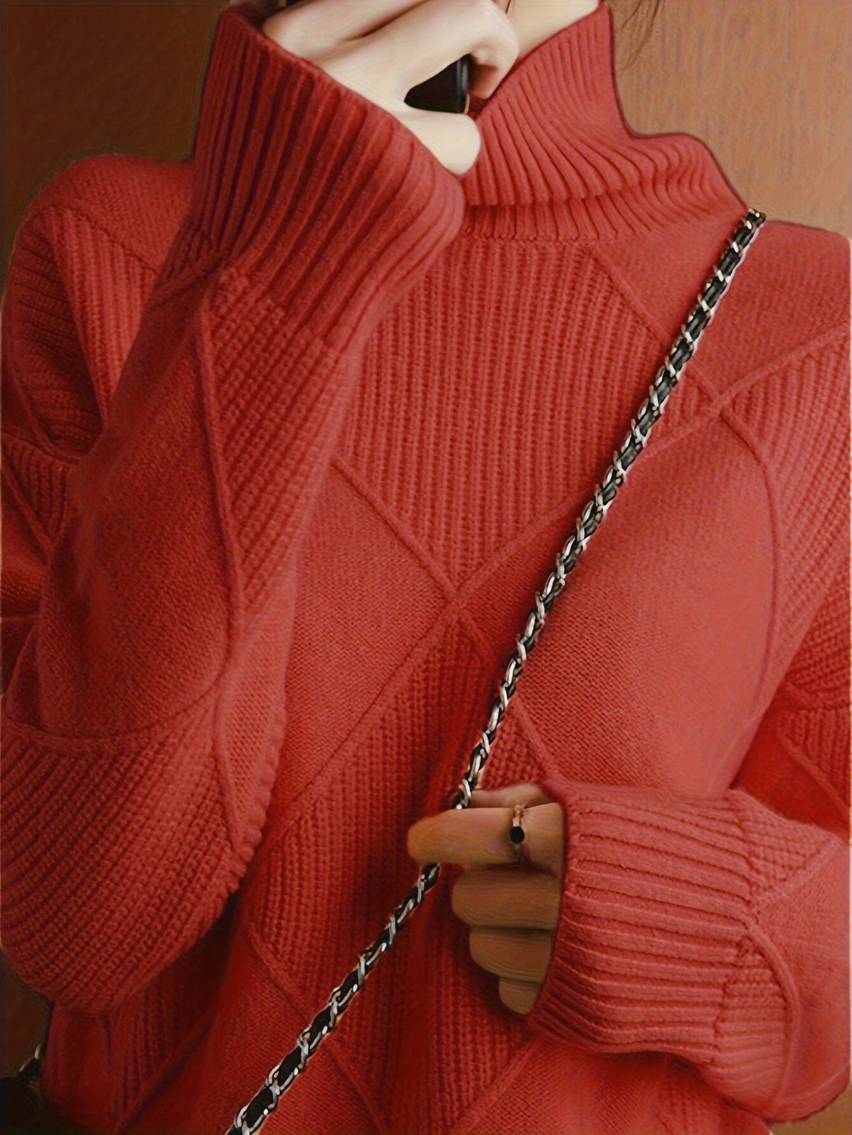 Women's Relaxed High Neck Jumper with Diamond Knit Pattern