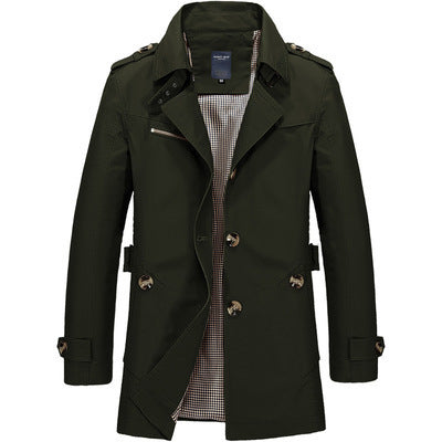 Men's Mid-Length Epaulette Trench Coat with Side Pockets - Dark Green