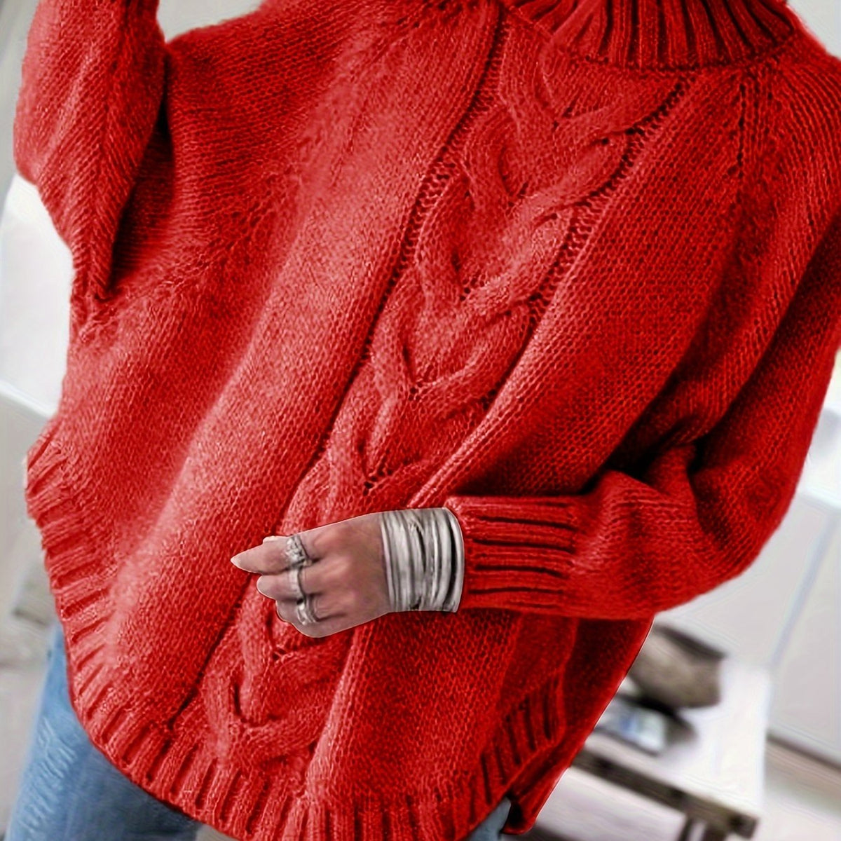Women's Funnel Neck Thick-Knit Jumper with Cable Stitching - Red