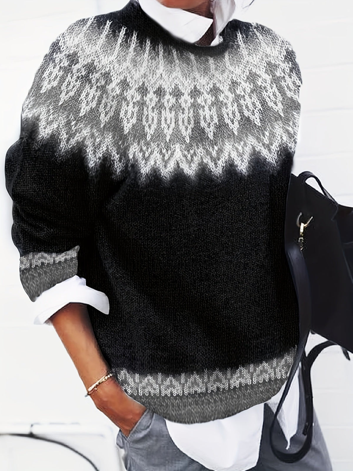 Women's Warm Jacquard Chunky Knit Jumper with Crew Neck