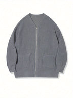 Men's Loose Drop-Shoulder Textured Cardigan with Zip Front