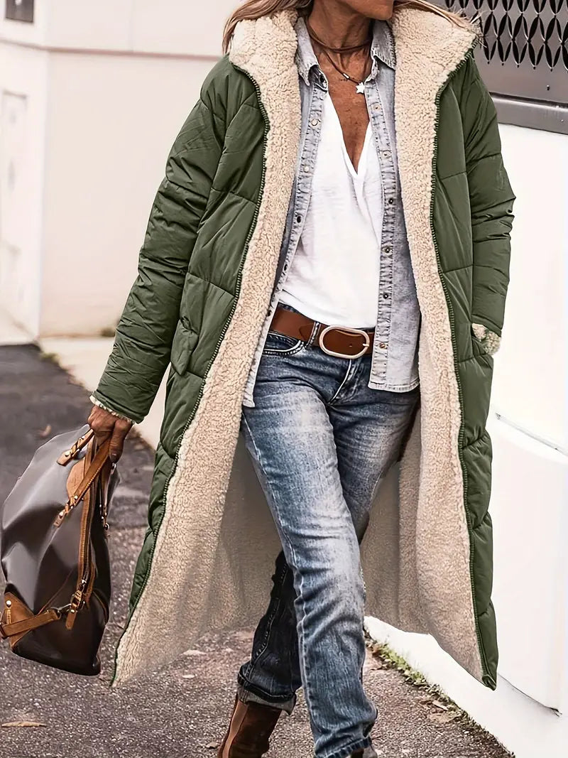 Women's Hooded Reversible Sherpa Coat with Quilted Padded Side - Olive Green
