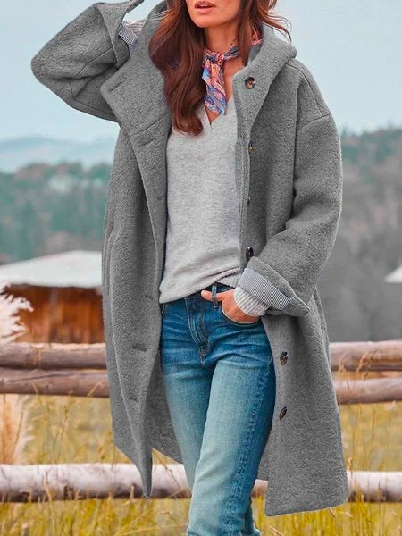 Women's Textured Dropped-Shoulder Overcoat with Roomy Sleeves - Grey