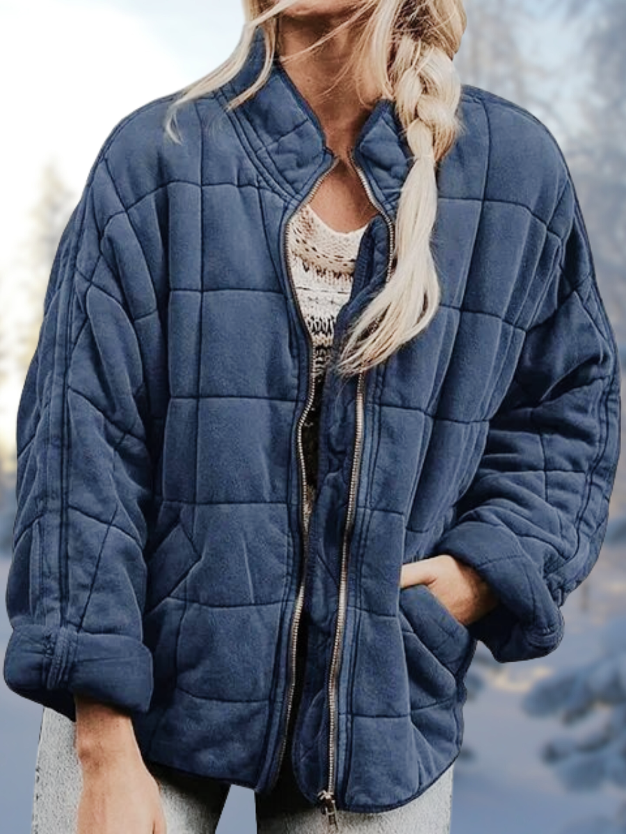 Women's Geometric-Stitch Padded Puffer with High Collar - Blue