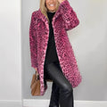 Women's Relaxed Longline Leopard Faux Fur Coat with Full Collar - Pink