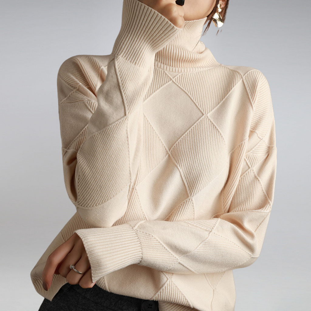 Women's Diamond Motif Roll Neck Jumper in Breathable Wool Blend - Beige