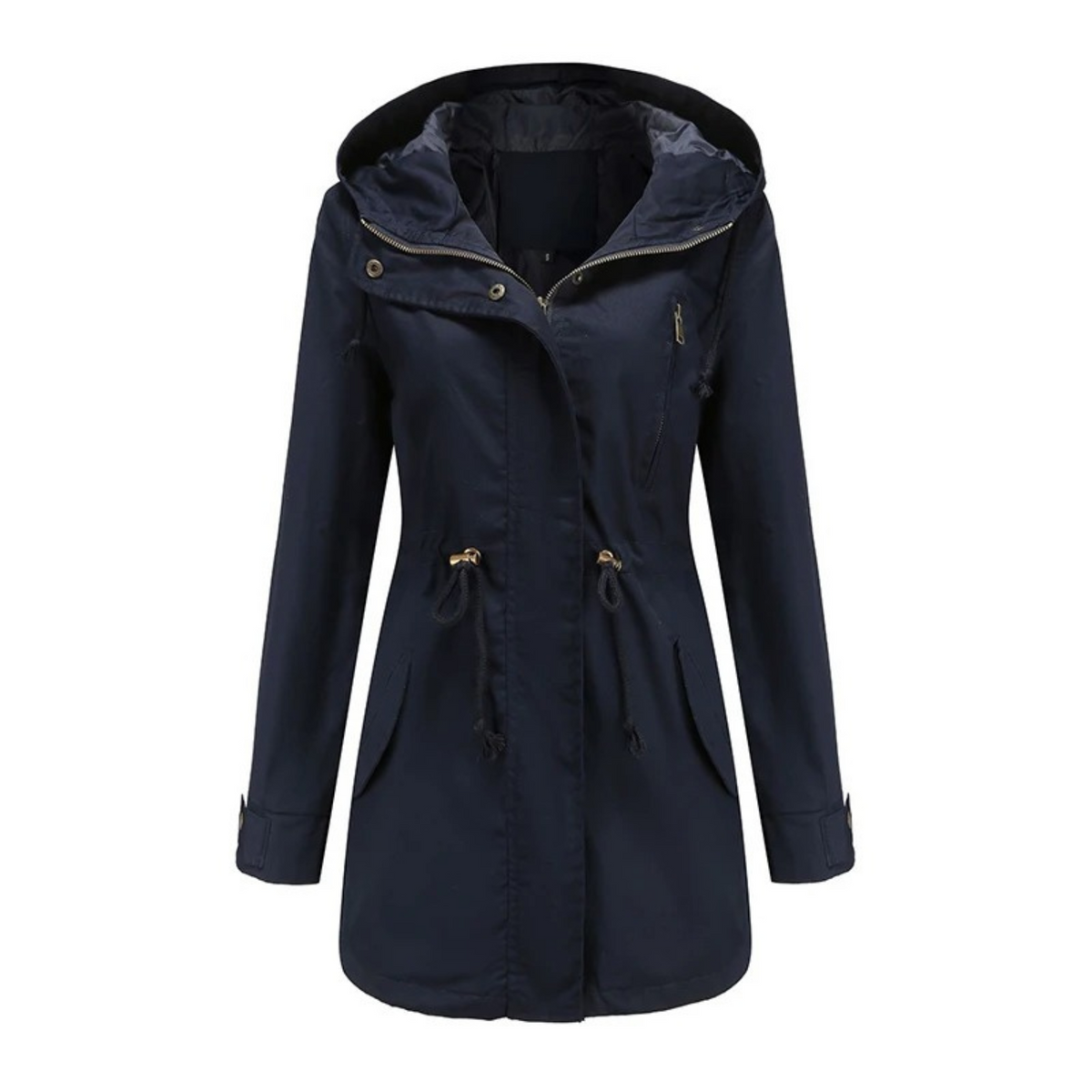 Women's Mid-Length Drawstring Utility Jacket with Integrated Hood - Navy Blue