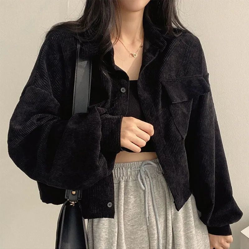 Women's Relaxed Pointed-Collar Corduroy Overshirt - Black