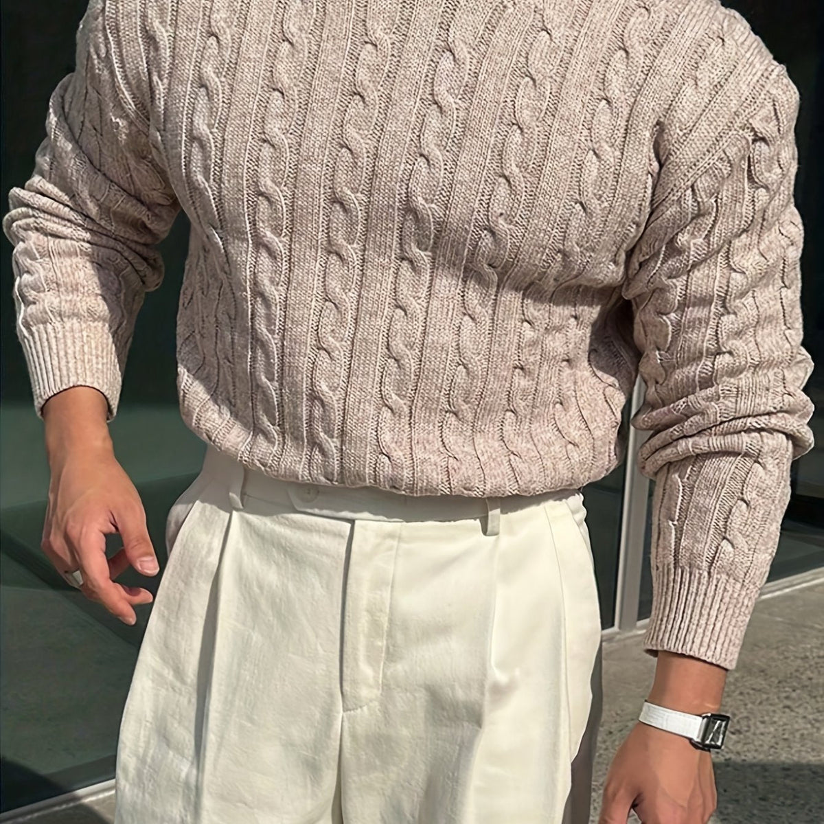 Men's Raised Cable Crew Neck Jumper for Office Layering - Khaki