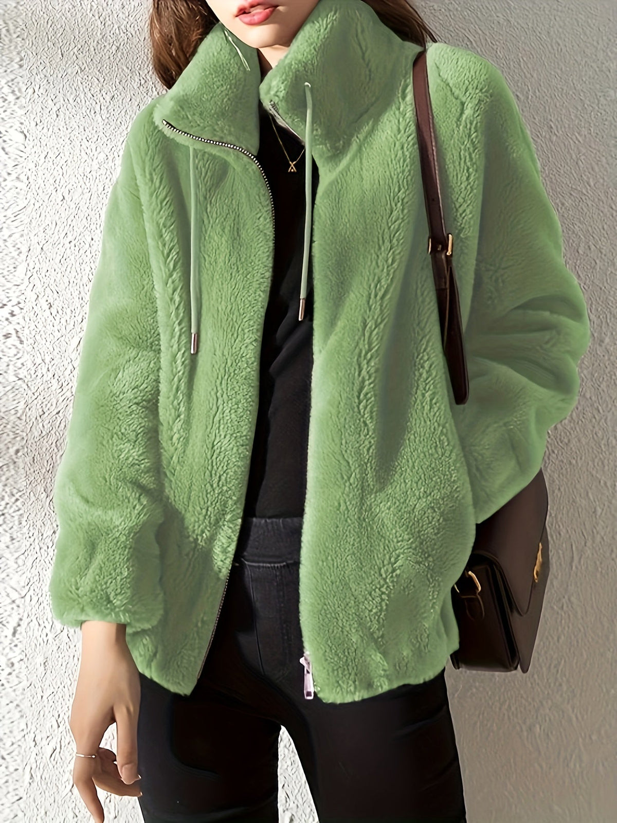 Women's Drawcord-Collar Plush Teddy Jacket in a Regular Fit - Light Green