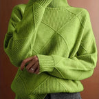 Women's Relaxed High Neck Jumper with Diamond Knit Pattern - Green