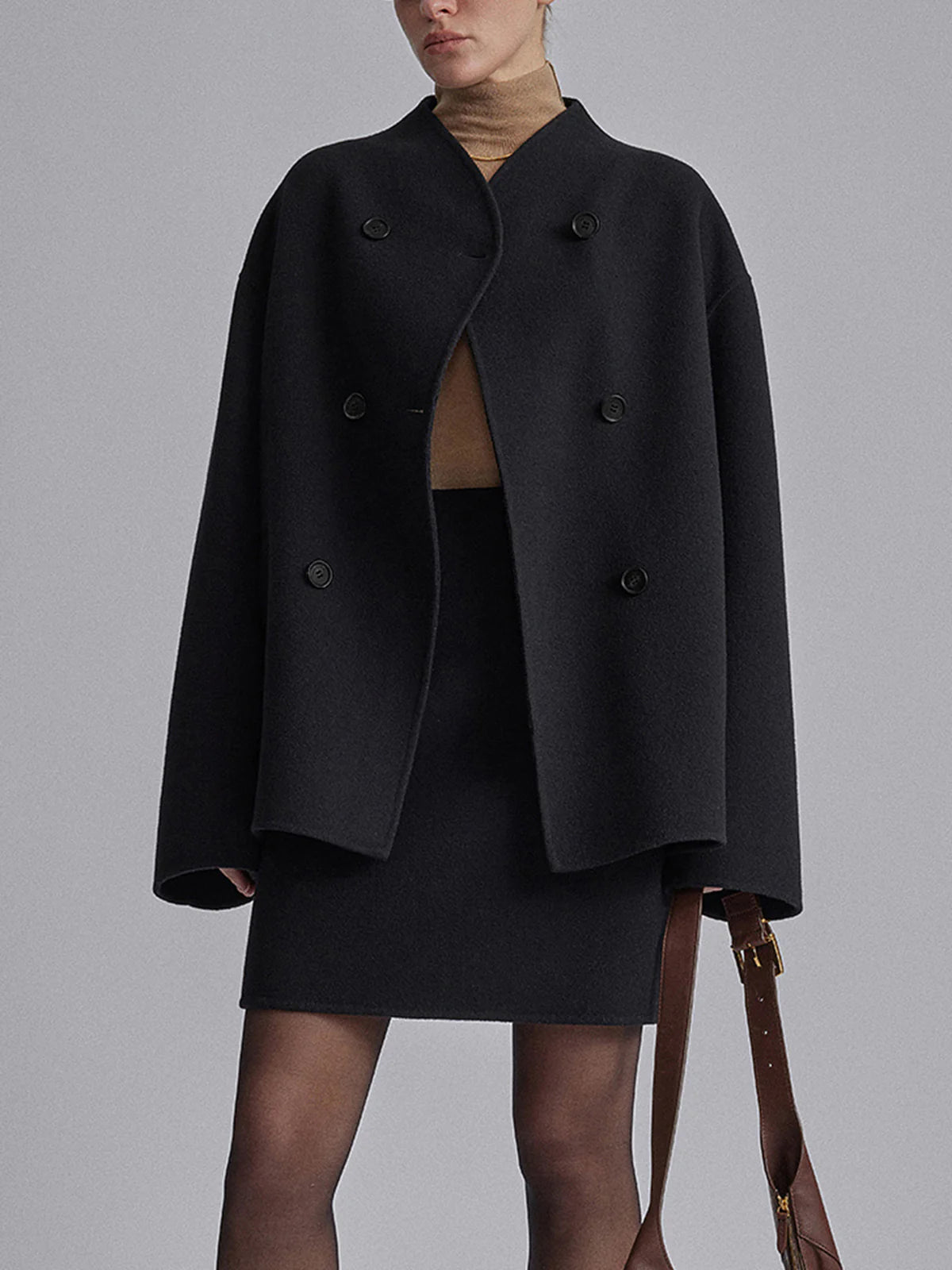 Women's Textured Double-Breasted Short Coat in an Oversized Shape - Black
