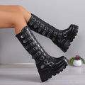 Women's Festival-Ready Buckle-Strap Tall Boots on a Lugged Platform - Black
