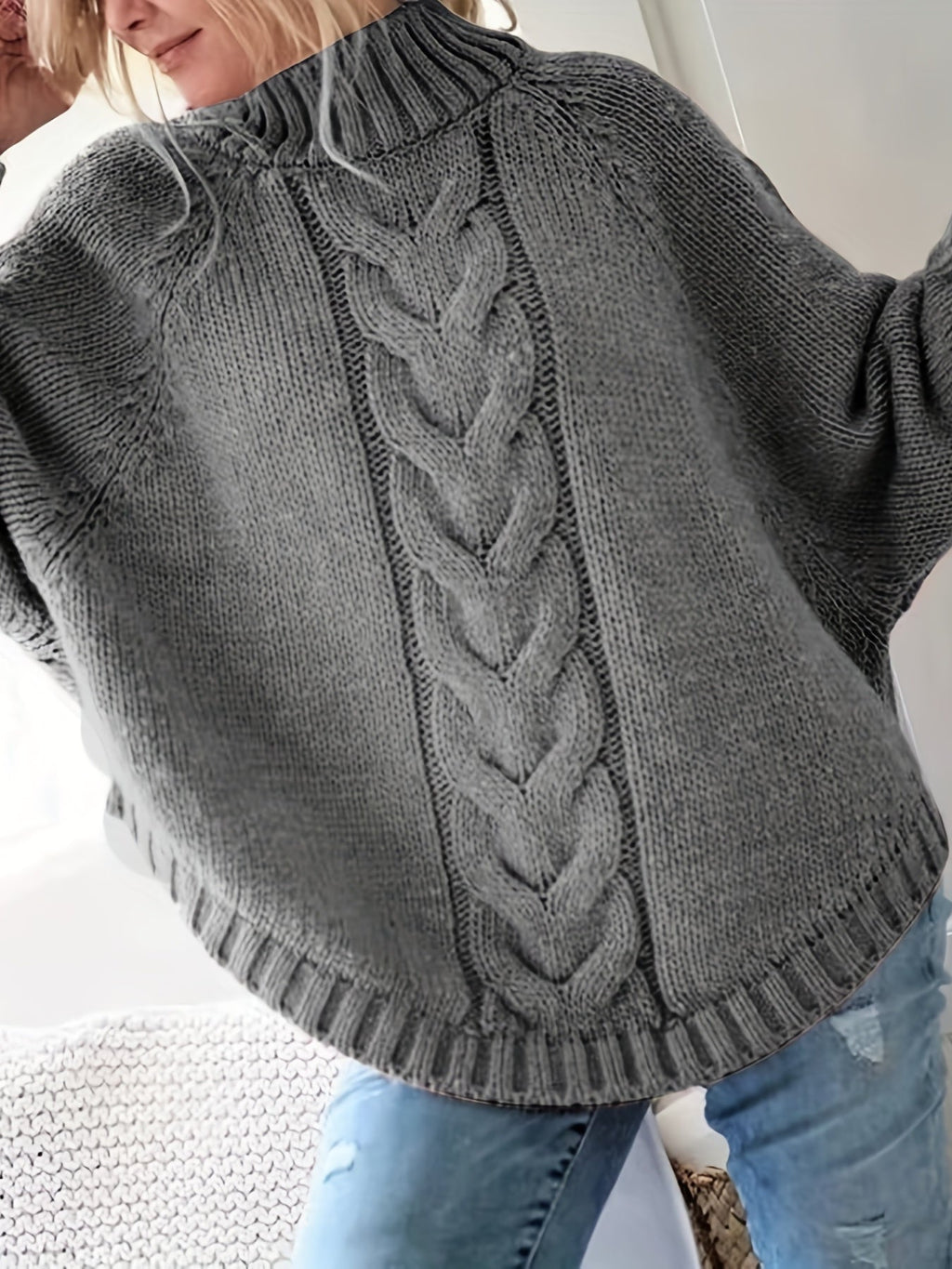 Women's Funnel Neck Thick-Knit Jumper with Cable Stitching