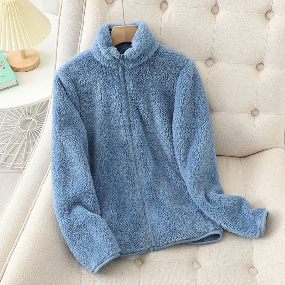 Women's All-Over Plush Fleece Jacket with Full Front Zip - Light Blue