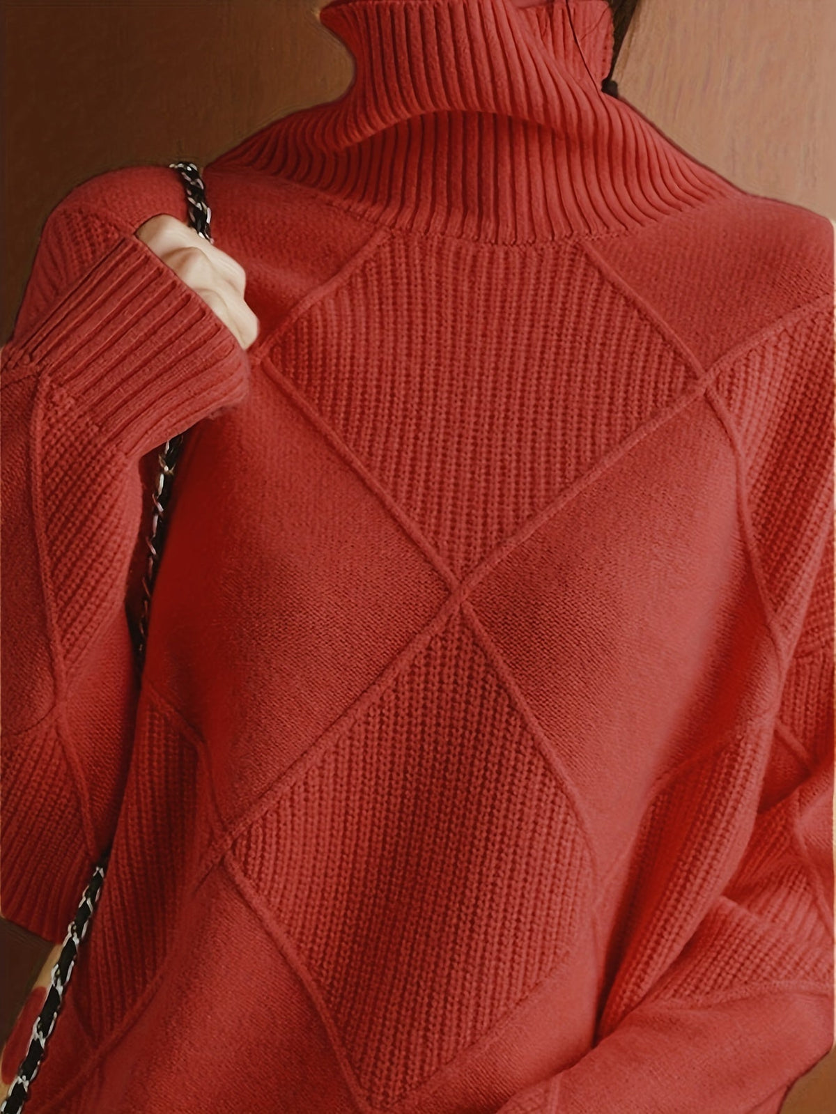 Women's Relaxed High Neck Jumper with Diamond Knit Pattern