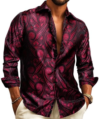 Men's Paisley Jacquard Party Shirt with Silk-Style Finish - Wine Red
