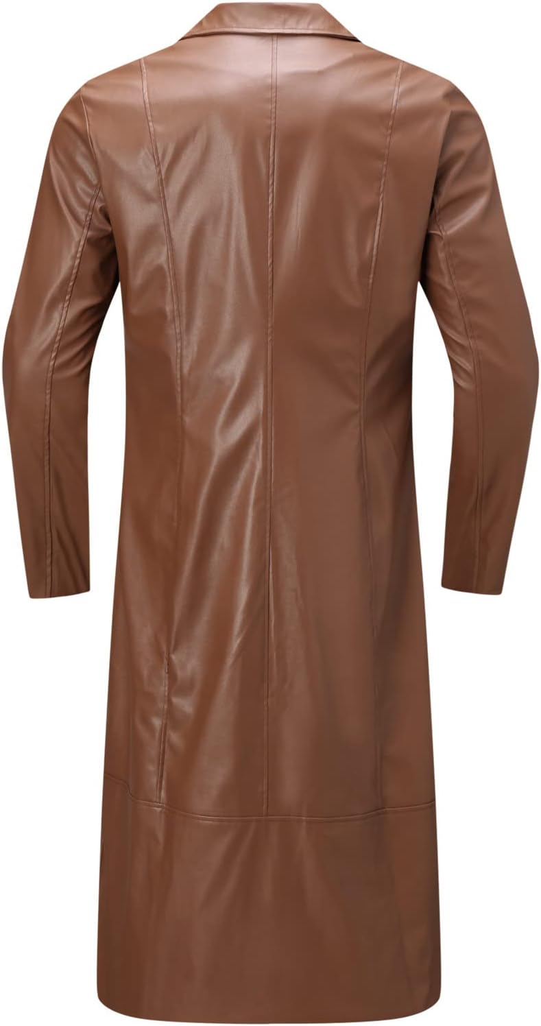 Men's Vintage-Inspired Longline Faux Leather Coat with Subtle Sheen