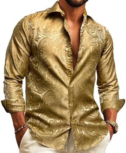 Men's Paisley Jacquard Party Shirt with Silk-Style Finish - Gold