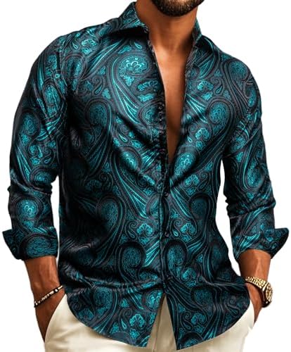 Men's Paisley Jacquard Party Shirt with Silk-Style Finish - Teal