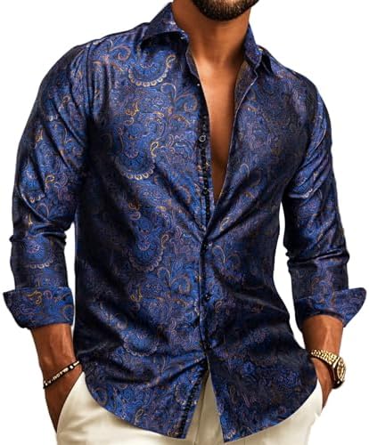 Men's Paisley Jacquard Party Shirt with Silk-Style Finish - Navy Blue