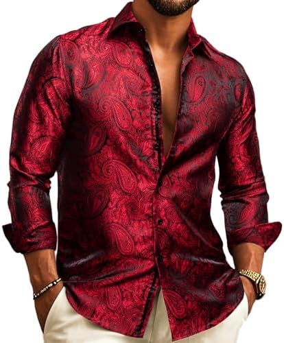 Men's Paisley Jacquard Party Shirt with Silk-Style Finish - Dark Red