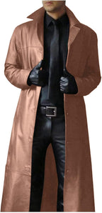Men's Vintage-Inspired Longline Faux Leather Coat with Subtle Sheen