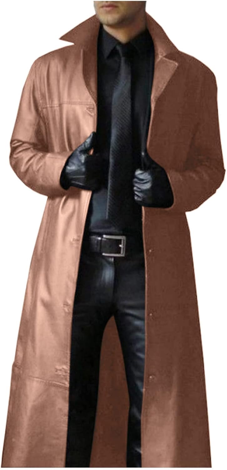 Men's Vintage-Inspired Longline Faux Leather Coat with Subtle Sheen