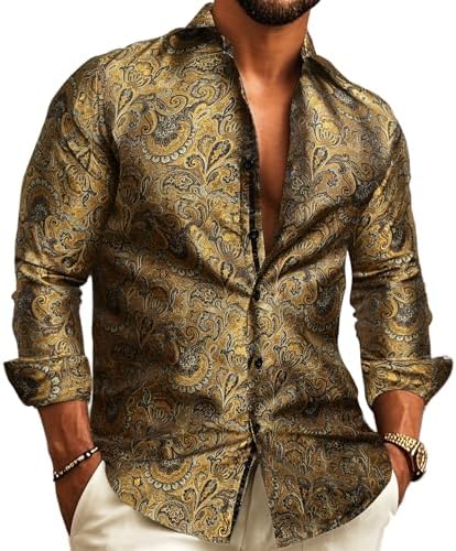 Men's Paisley Jacquard Party Shirt with Silk-Style Finish - Brown