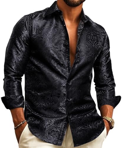 Men's Paisley Jacquard Party Shirt with Silk-Style Finish - Black
