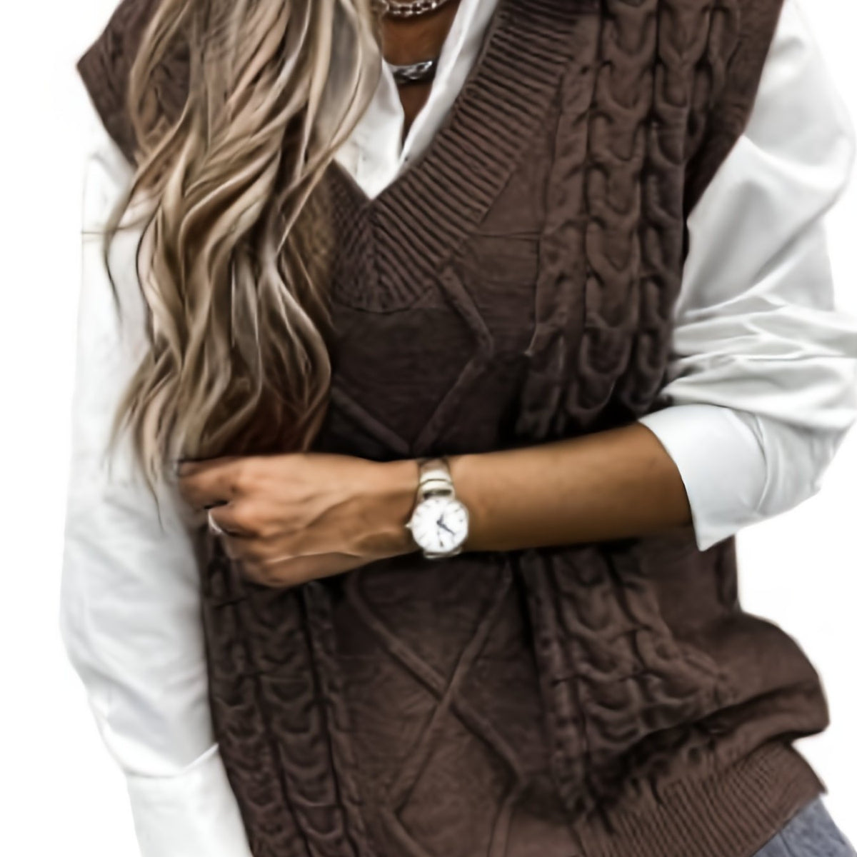 Women's Sleeveless Cable Knit Layering Slipover with V-Neck - Coffee Brown