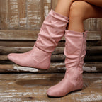 Women's Gathered Low-Heel Boots with Cushioned Footbed and Side Zip