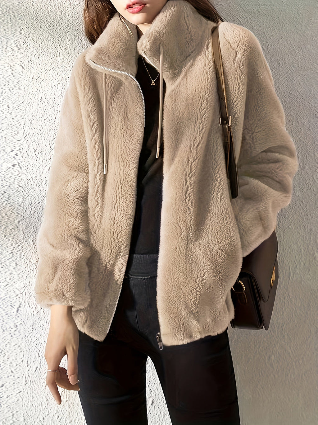 Women's Drawcord-Collar Plush Teddy Jacket in a Regular Fit - Khaki