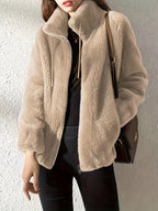 Women's Drawcord-Collar Plush Teddy Jacket in a Regular Fit - Khaki