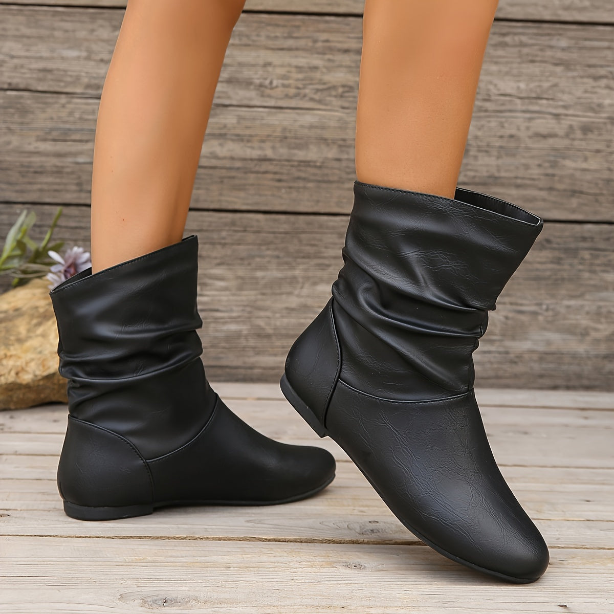 Women's Easy Pull-On Flat Boots with Soft Bunched Ankle