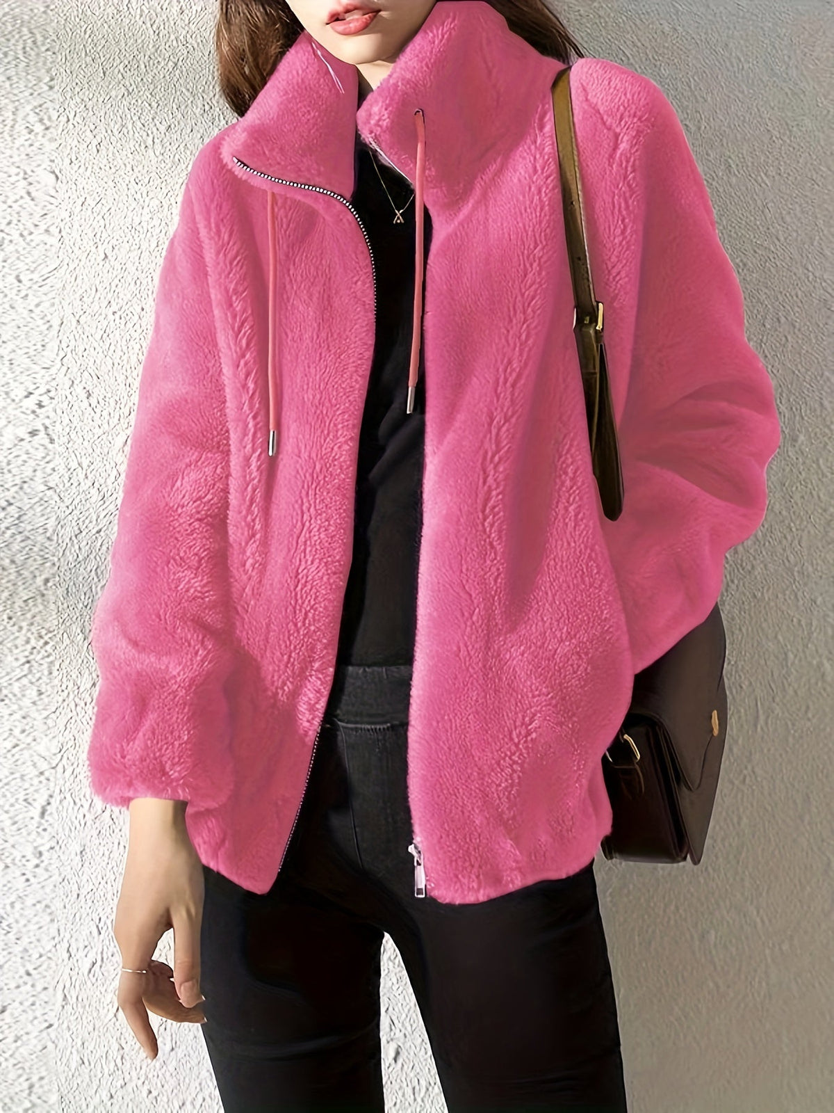Women's Drawcord-Collar Plush Teddy Jacket in a Regular Fit - Pink